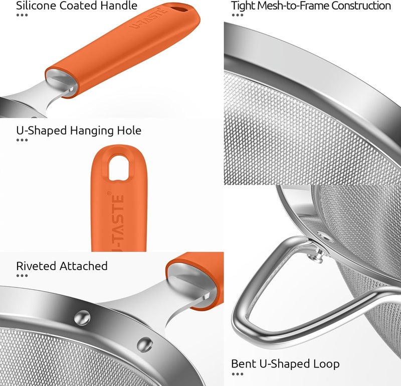 U-Taste 12cm Wide Mesh Strainer: 18/8 Stainless Steel 30-Mesh Fine Food Sieve with Upgraded Heavy Duty Riveted Silicone Handle, 6.5cm Deep Metal Kitchen Colander for Baking, Rice, Flour (Orange) - Image 5