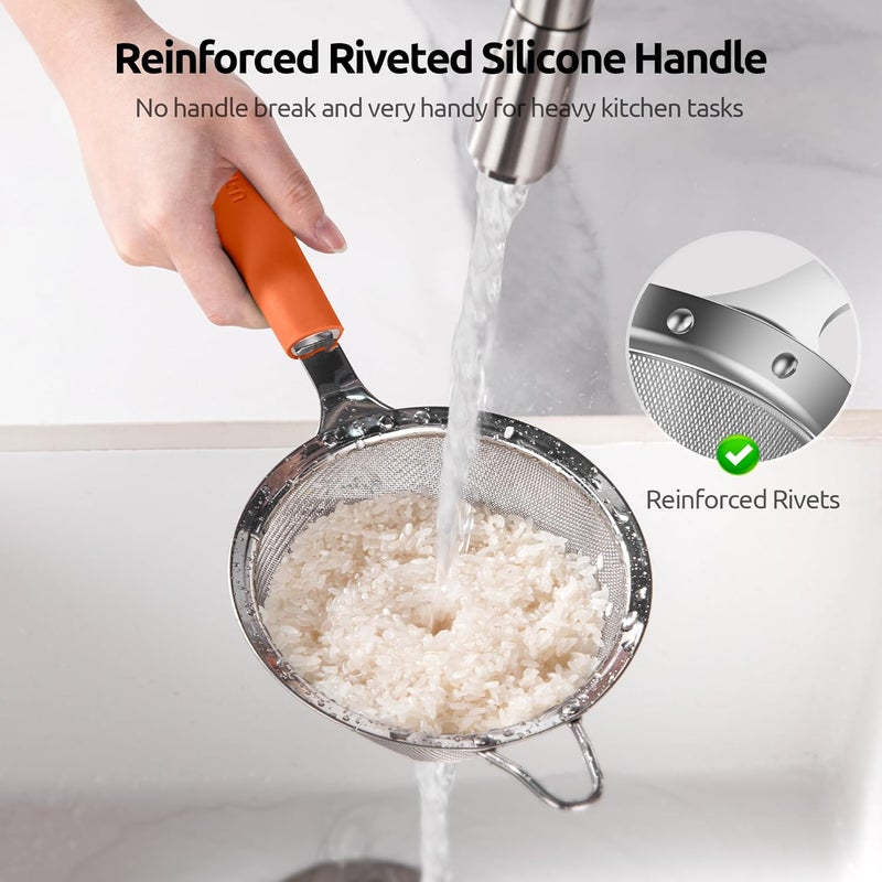 U-Taste 12cm Wide Mesh Strainer: 18/8 Stainless Steel 30-Mesh Fine Food Sieve with Upgraded Heavy Duty Riveted Silicone Handle, 6.5cm Deep Metal Kitchen Colander for Baking, Rice, Flour (Orange) - Image 3