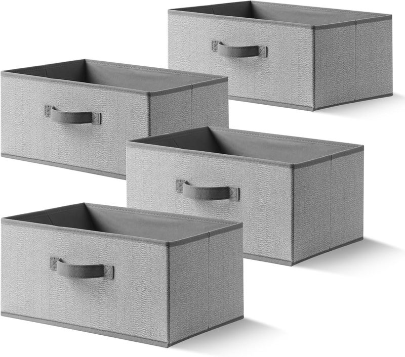 EITMOW Storage Baskets, 15.7 Inch Woven Fabric Bins, Storage Cubes with Reinforced Handles, Organizer Bins for Closet Shelves, Foldable, for Toys, Clothes, Natural Beige (4PCS/Grey-15.7*11*7.8inch) - Image 1
