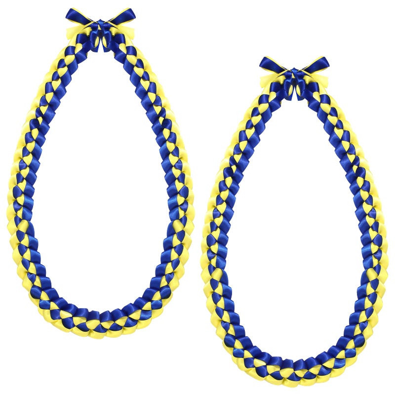 2 Pieces Graduation Ribbon Leis Class of 2025 Handmade Braided Necklace Blue and Yellow Color Adjustable Congrats Graduates Money Leis for High School and College Graduation Party Gifts 20 Inches