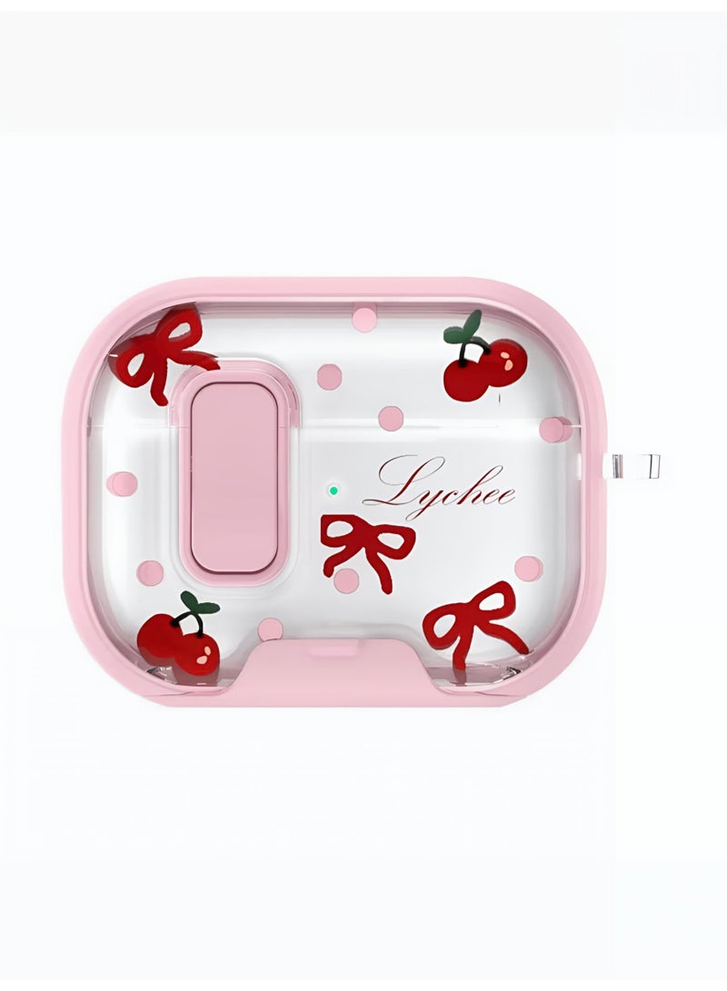 Cherry & Ribbon Case for AirPods 4 with Safety Lock and Phone Stand - Pink - Image 1