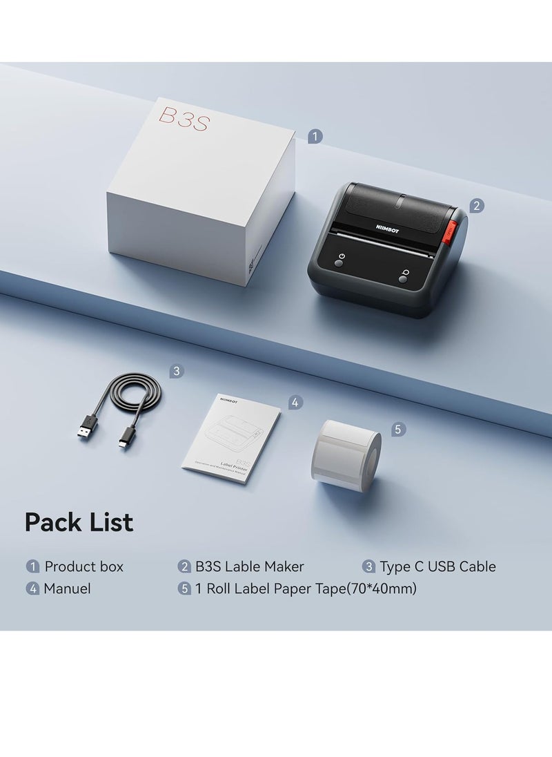 NIIMBOT - B3S Thermal Label Maker Machine, Inkless Label Printer with 20-75mm Print Width, Portable Bluetooth Thermal Label Maker with 1 Roll 70*40mm White Tape, Great for Clothing, Barcode, Supermarket, Retail Store and Home Printing Barcodes & Small Business - Image 1