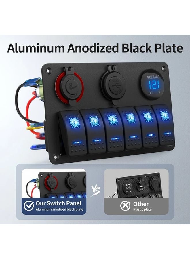 6 Gang Rocker Switch Panel Dual USB Ports 48A 12V 24V Blue LED Backlight - Image 2