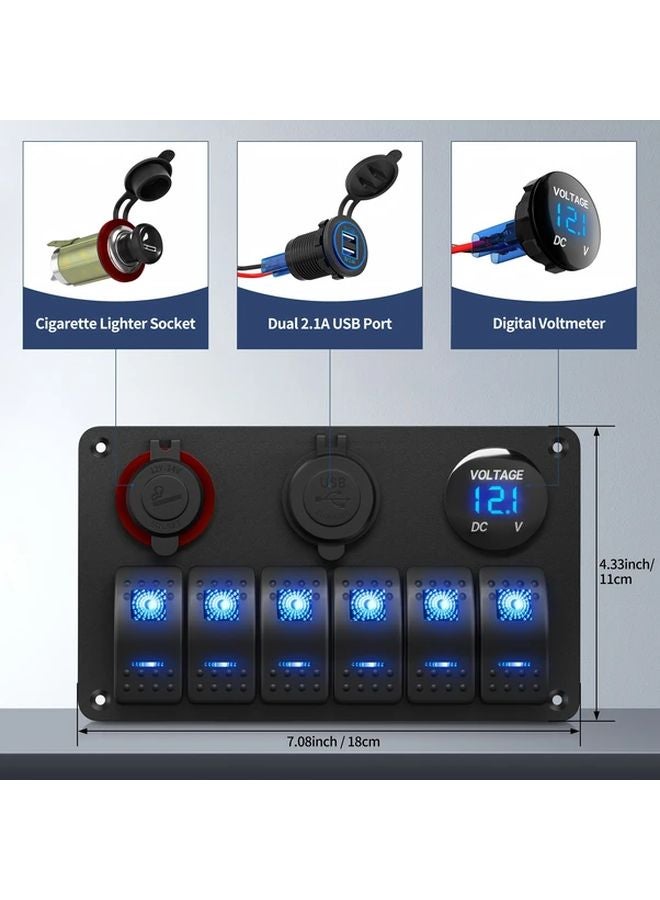 6 Gang Rocker Switch Panel Dual USB Ports 48A 12V 24V Blue LED Backlight - Image 3