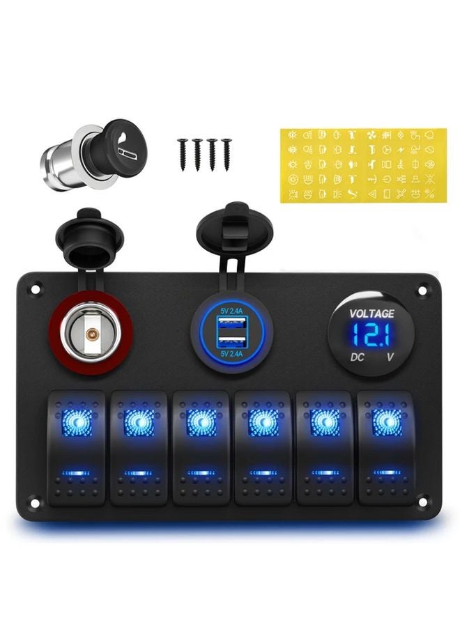 6 Gang Rocker Switch Panel Dual USB Ports 48A 12V 24V Blue LED Backlight - Image 1