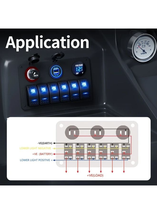6 Gang Rocker Switch Panel Dual USB Ports 48A 12V 24V Blue LED Backlight - Image 4