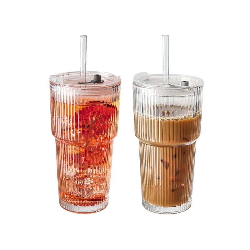 SUROQUE 20oz Ribbed Glass Tumblers with Lids  Straws Ideal for Iced Coffee Cocktails  More  Includes Cleaning Brush