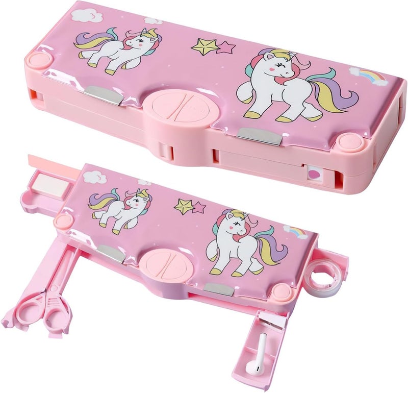 LONGMIRE Plastic Multi-Functional Unicorn Theme Magnetic Pencil Box for Kids Compass Box for Girls Stationery Box Buttons Operated Pencil Box for Kids with Accessories (Multicolor) - Image 1