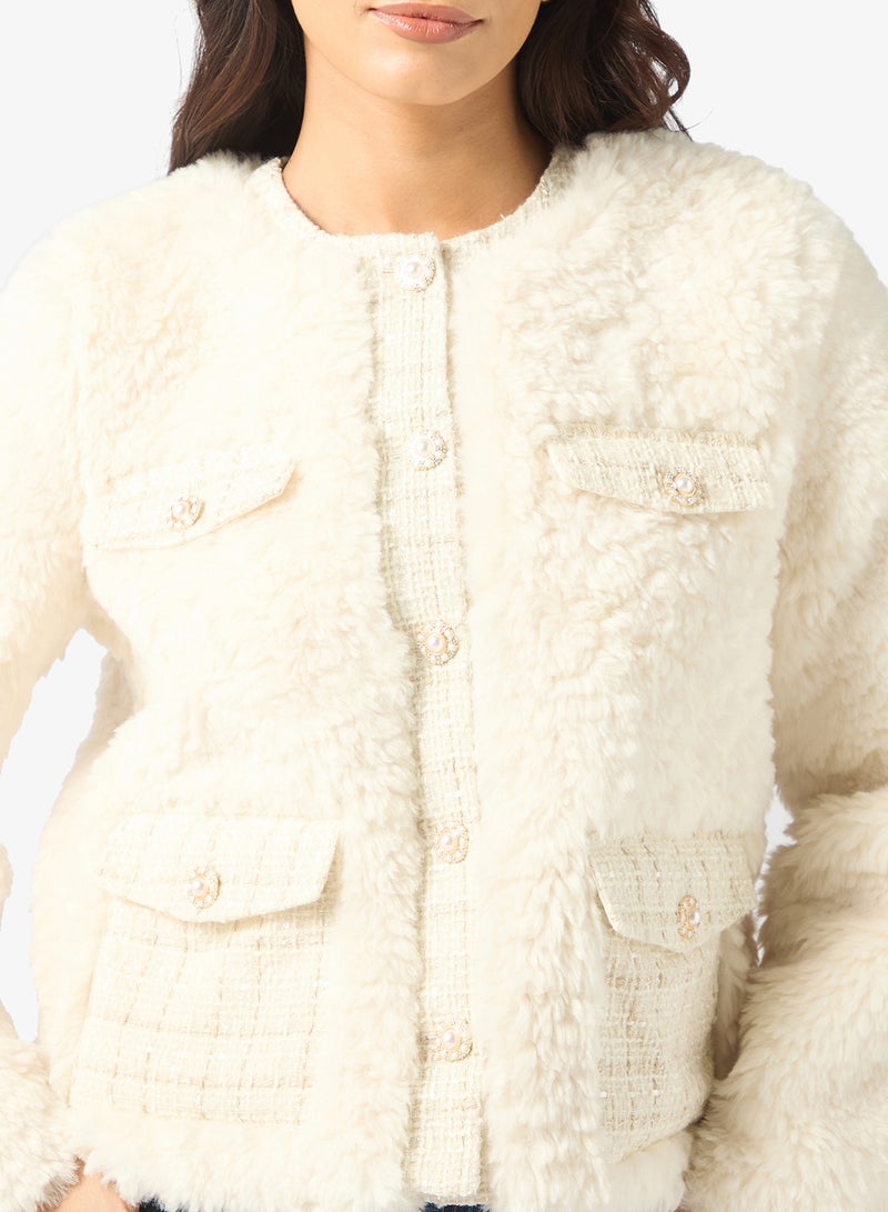 فيرو مودا جاكيت كارولين بياقة فرو وأزرار - Image 3