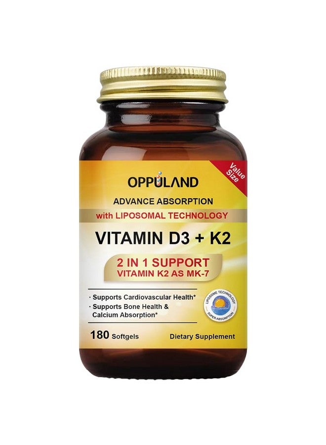 oppuland Vitamin D3 + K2 5000 IU - Liposomal Technology for Enhanced Absorption - MK-7 Vitamin K2 100mcg - Supports Bone & Calcium Metabolism - D3K2 Supplement for Men & Women - 180 Softgels - Image 1