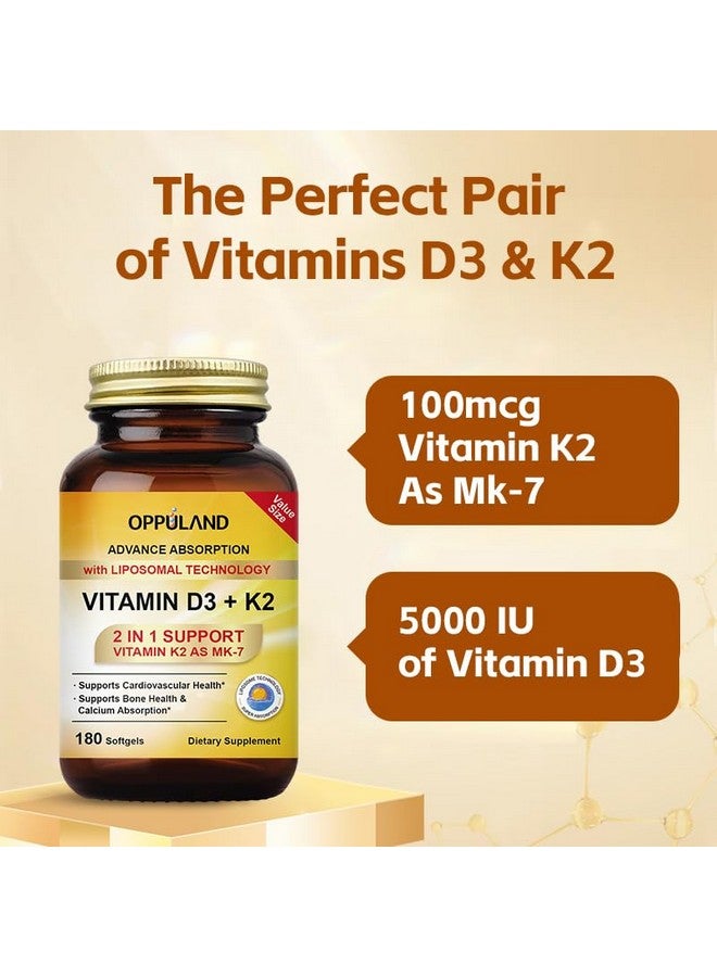 oppuland Vitamin D3 + K2 5000 IU - Liposomal Technology for Enhanced Absorption - MK-7 Vitamin K2 100mcg - Supports Bone & Calcium Metabolism - D3K2 Supplement for Men & Women - 180 Softgels - Image 3