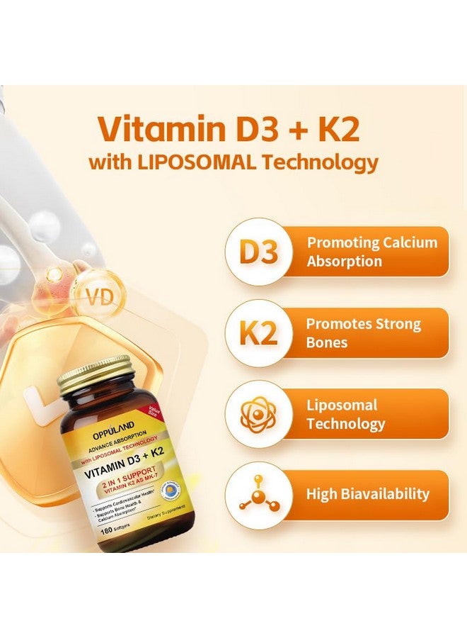 oppuland Vitamin D3 + K2 5000 IU - Liposomal Technology for Enhanced Absorption - MK-7 Vitamin K2 100mcg - Supports Bone & Calcium Metabolism - D3K2 Supplement for Men & Women - 180 Softgels - Image 2