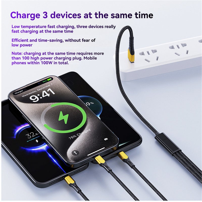 100W Super Fast Charging Cable 3-in-1 Charging Cable Universal Type-C Port Fast Charging Data Cable Type-C to 3 Type-C - Image 4