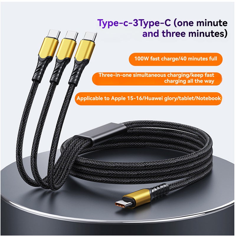 100W Super Fast Charging Cable 3-in-1 Charging Cable Universal Type-C Port Fast Charging Data Cable Type-C to 3 Type-C - Image 2