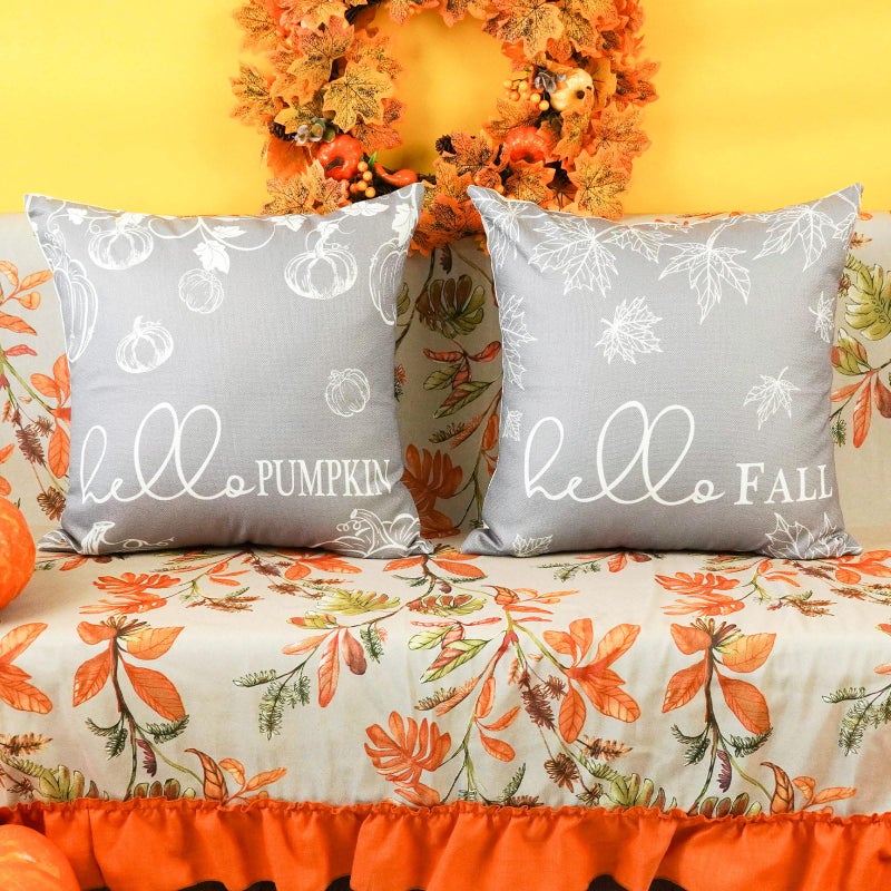 ONWAY Fall Throw Pillow Covers 20x20 Set of 2 Farmhouse Hello Fall Pumpkin Maple Leaves Decorations Outdoor Patio Autumn Seasonal Cushion Cover for Sofa Couch Home Bed Grey - Image 2