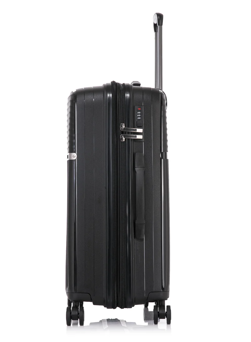 CABINPRO Light Weight PP Fashion Trolley Luggage Expandable Hard Case Medium Checked Suitcase with Safe Zipper and 4 Quite 360° Double Spinner Wheels CP002 Black