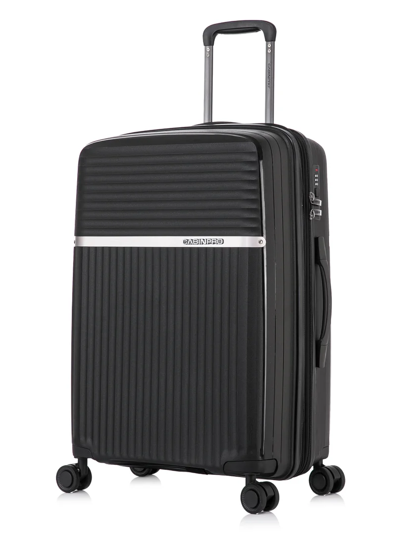 CABINPRO Light Weight PP Fashion Trolley Luggage Expandable Hard Case Medium Checked Suitcase with Safe Zipper and 4 Quite 360° Double Spinner Wheels CP002 Black