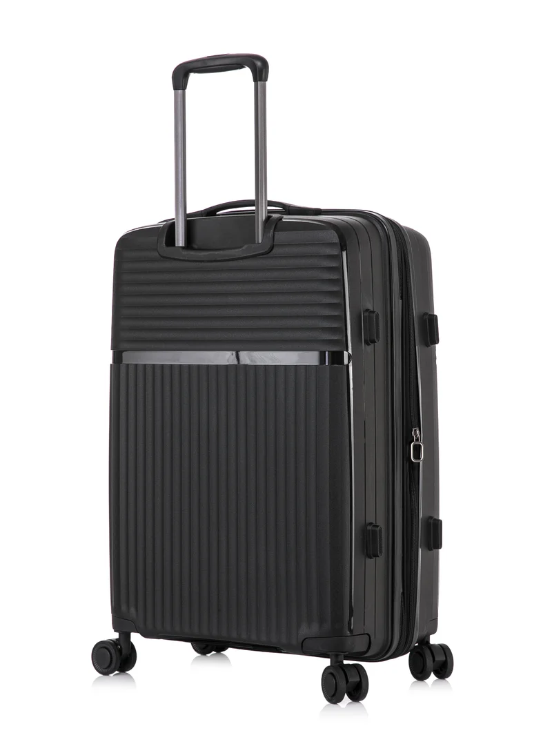 CABINPRO Light Weight PP Fashion Trolley Luggage Expandable Hard Case Medium Checked Suitcase with Safe Zipper and 4 Quite 360° Double Spinner Wheels CP002 Black