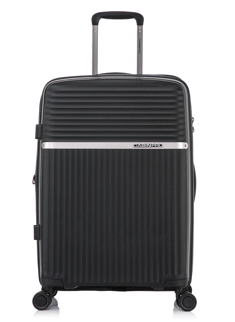 CABINPRO Light Weight PP Fashion Trolley Luggage Expandable Hard Case Medium Checked Suitcase with Safe Zipper and 4 Quite 360° Double Spinner Wheels CP002 Black