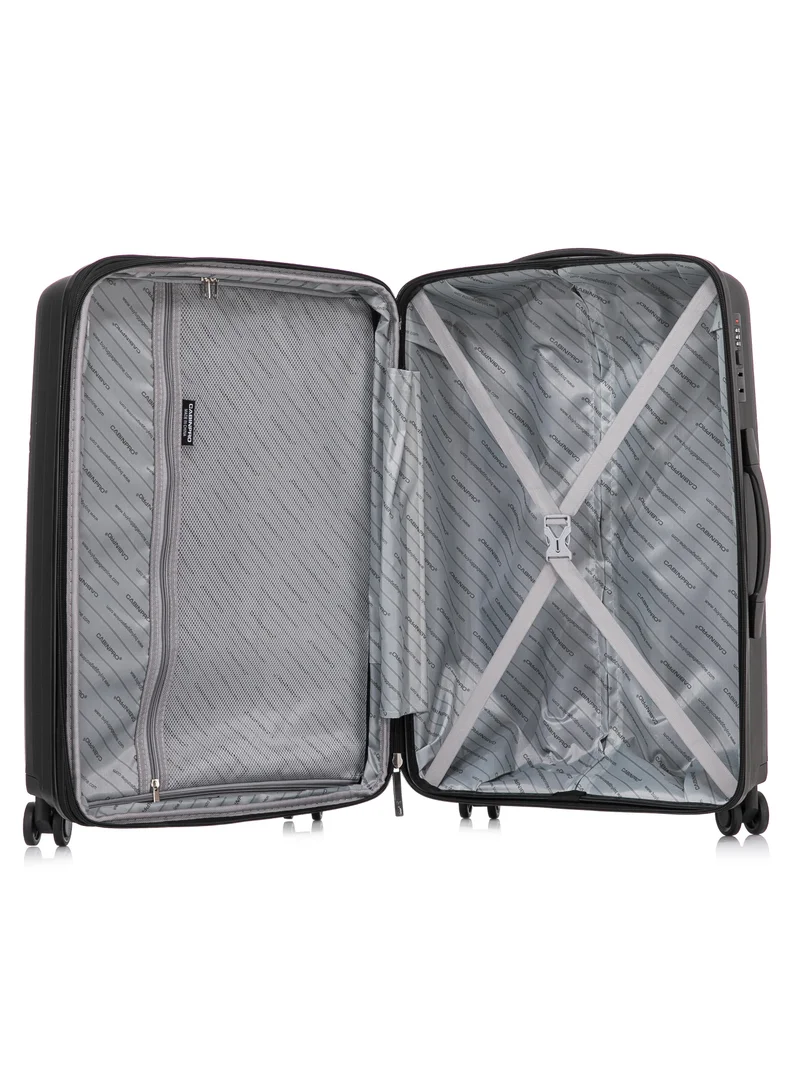 CABINPRO Light Weight PP Fashion Trolley Luggage Expandable Hard Case Medium Checked Suitcase with Safe Zipper and 4 Quite 360° Double Spinner Wheels CP002 Black
