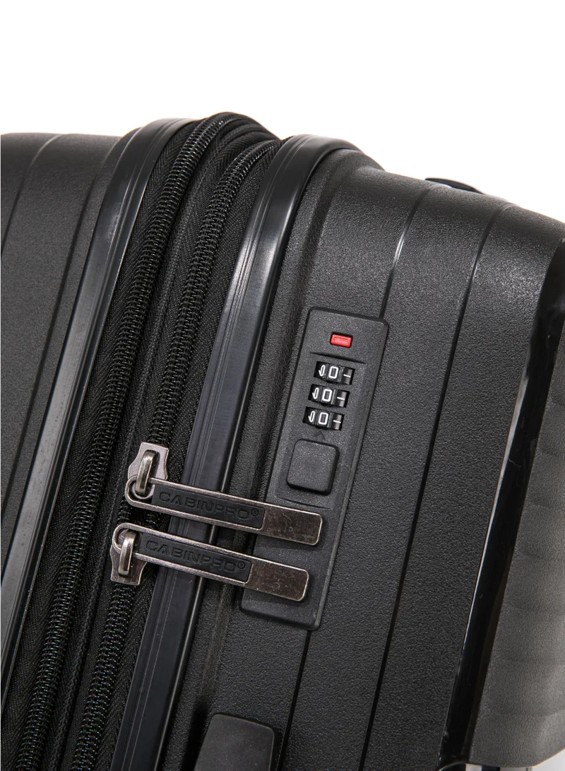 CABINPRO Light Weight PP Fashion Trolley Luggage Expandable Hard Case Medium Checked Suitcase with Safe Zipper and 4 Quite 360° Double Spinner Wheels CP002 Black