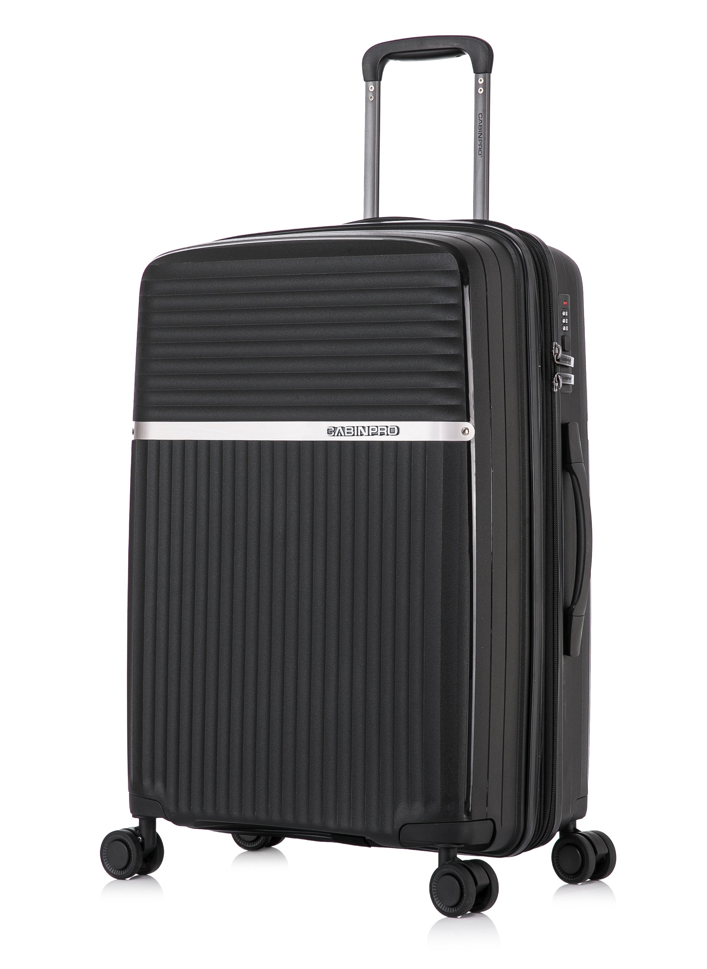 CABINPRO Light Weight PP Fashion Trolley Luggage Expandable Hard Case Medium Checked Suitcase with Safe Zipper and 4 Quite 360° Double Spinner Wheels CP002 Black 