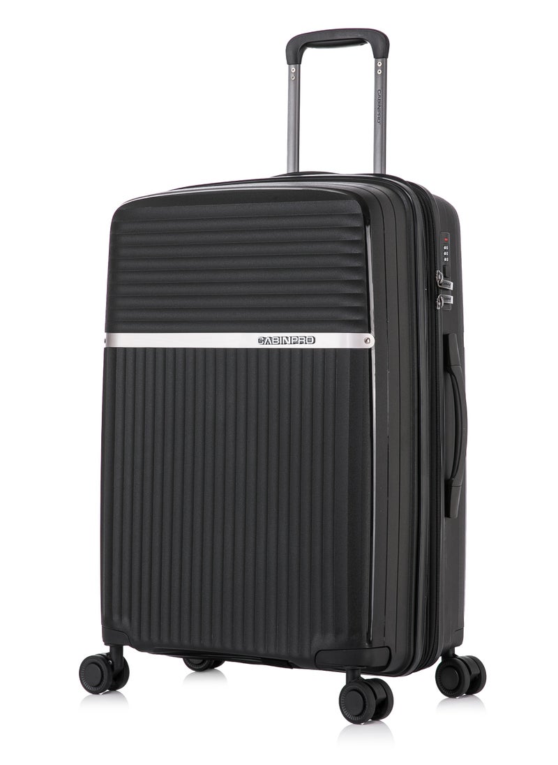 CABINPRO - Light Weight PP Fashion Trolley Luggage Expandable Hard Case Medium Checked Suitcase with Safe Zipper and 4 Quite 360° Double Spinner Wheels CP002 Black - Image 1