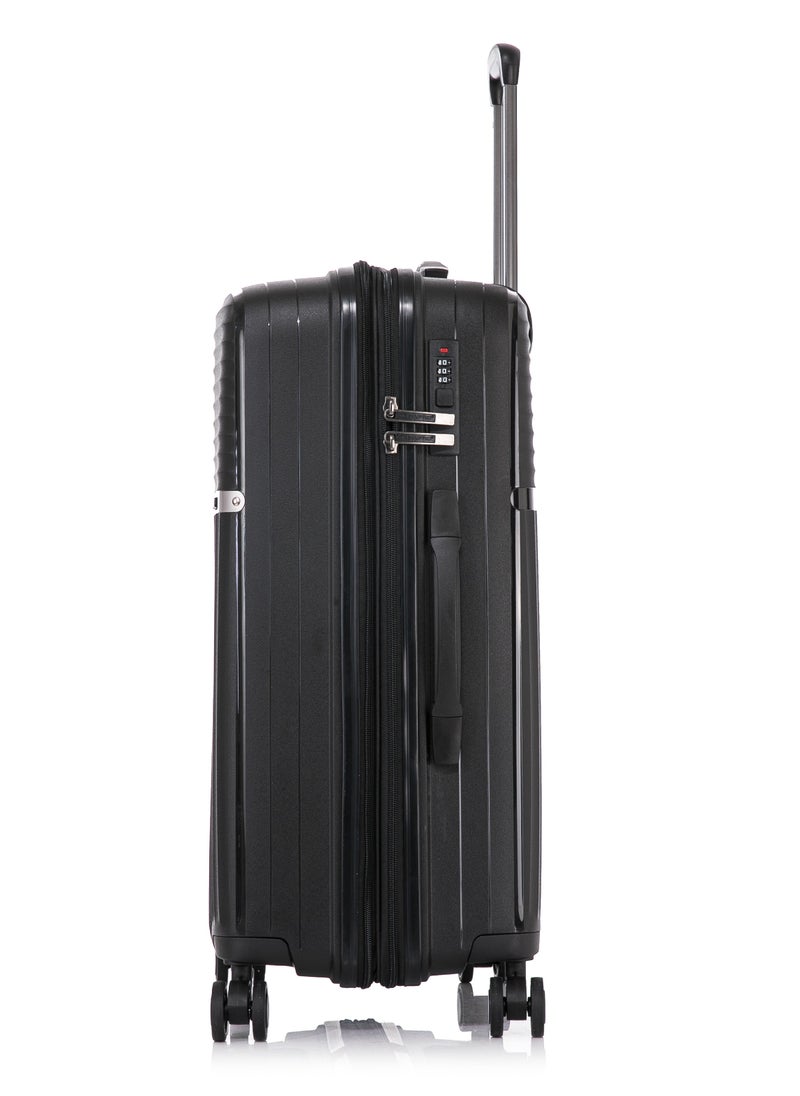 CABINPRO - Light Weight PP Fashion Trolley Luggage Expandable Hard Case Medium Checked Suitcase with Safe Zipper and 4 Quite 360° Double Spinner Wheels CP002 Black - Image 1