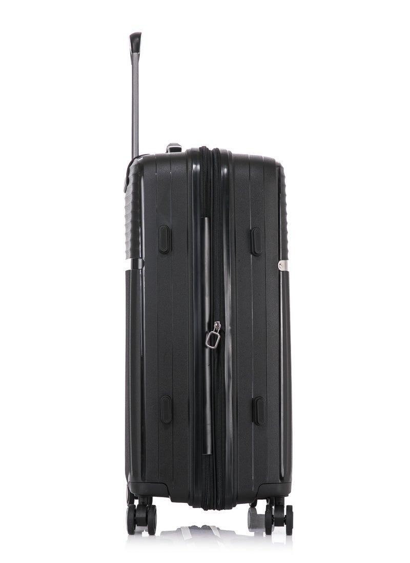 CABINPRO - Light Weight PP Fashion Trolley Luggage Expandable Hard Case Medium Checked Suitcase with Safe Zipper and 4 Quite 360° Double Spinner Wheels CP002 Black - Image 1