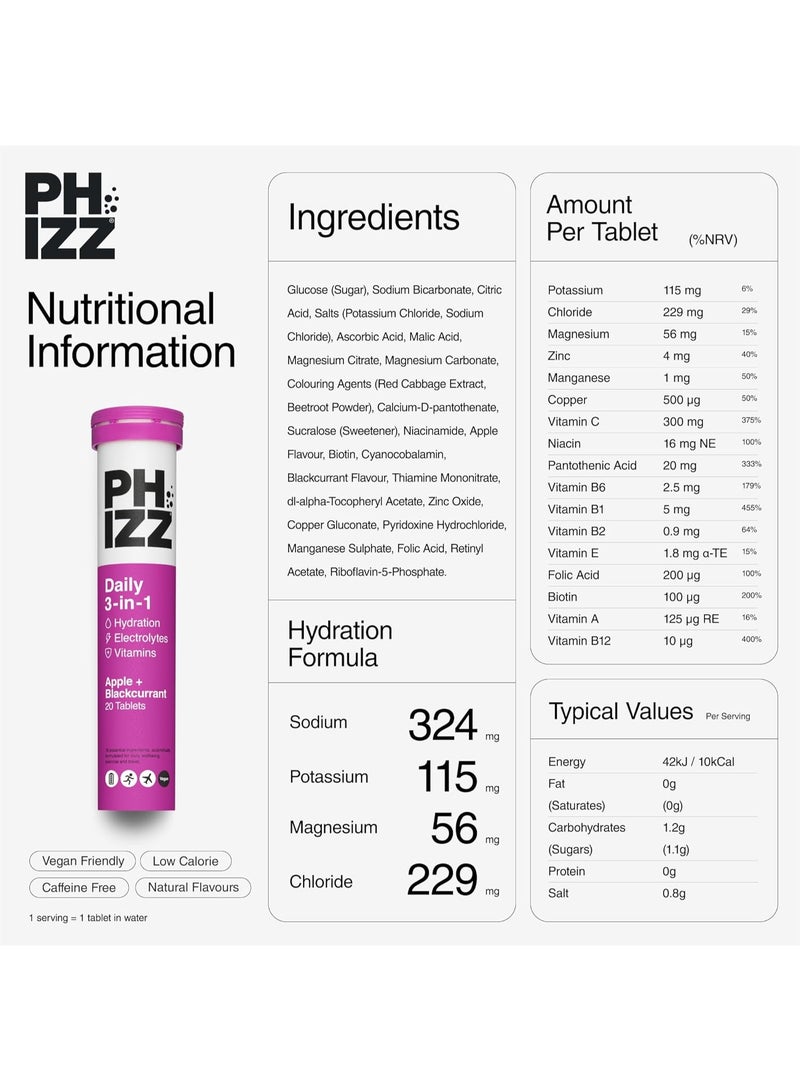 PHIZZ Daily  3-in-1 - Hydration- Elctrolytes -Vitamins Apple Blackcurrant 20 Effervescent Tablets - Image 5