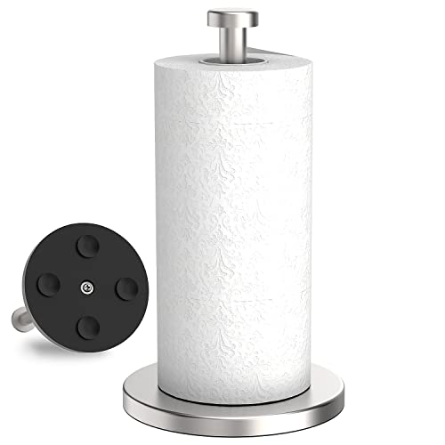 VEHHE Paper Towel Holder Countertop Stainless Steel Paper Towel Holder Stand with Weighted Base Suction Cups Standing Paper Towel Roll Holder for Kitchen Bathroom Silver