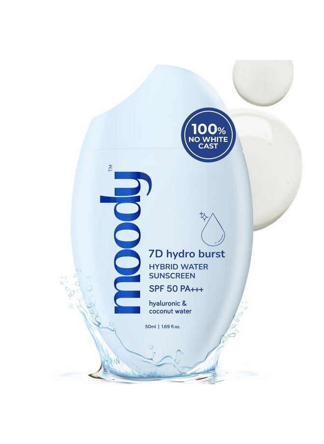 Moody - 7D Hydro Burst Water Lightweight Non Greasy Sunscreen Sweat Proof No White Caste Uv & Blue Light Protection Broad Spectrum Spf50 Pa +++ Dewy Finish Men & Women Paraben Free50 Ml - Image 1