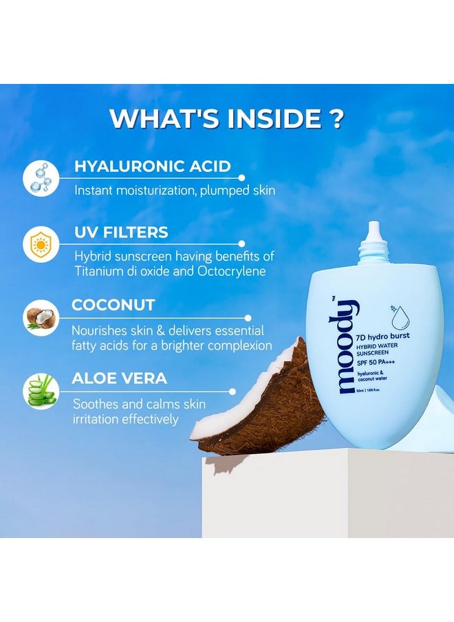 Moody - 7D Hydro Burst Water Lightweight Non Greasy Sunscreen Sweat Proof No White Caste Uv & Blue Light Protection Broad Spectrum Spf50 Pa +++ Dewy Finish Men & Women Paraben Free50 Ml - Image 1