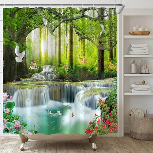 YSATNSFT Waterfall Shower Curtain Nature Scenic Forest Tree Wild Animals Deer Birds Flower Butterfly Sunrise Summer Scenery Bathroom Decor Fabric Set with Hooks,(70" WX70 H) - Image 4