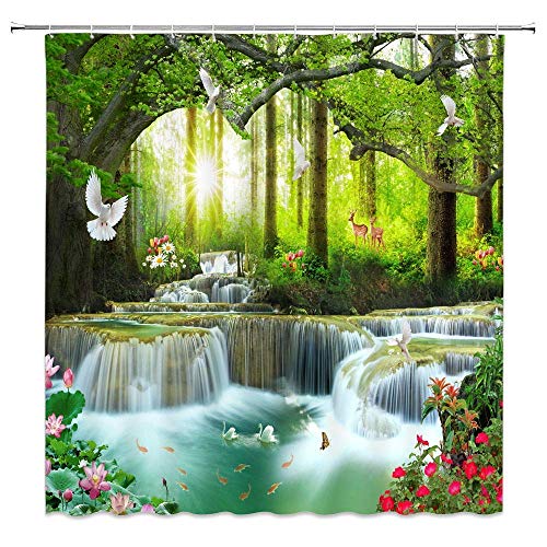 YSATNSFT Waterfall Shower Curtain Nature Scenic Forest Tree Wild Animals Deer Birds Flower Butterfly Sunrise Summer Scenery Bathroom Decor Fabric Set with Hooks,(70" WX70 H) - Image 5