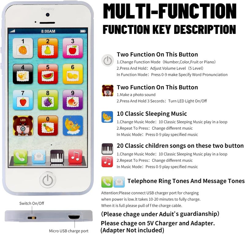 Cooplay Learning Smart Phone Toy Music Lullaby Song Touch Screen Type-C Recharable Cell Phone Mobile Yphone for Toddler Baby - Image 2