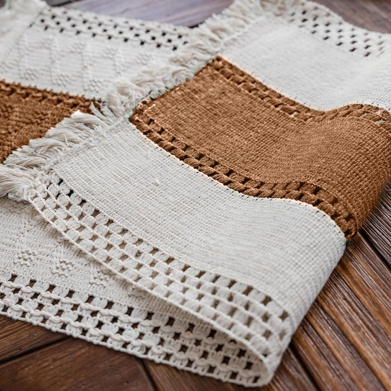 Alynsehom Macrame Table Runner Cream Beige and Caramel Boho Table Runners with Tassels Hand Woven Cotton Table Runner Rustic Farmhouse Table Runners for Bohemian Kitchen Dining Table(12x48in) - Image 4