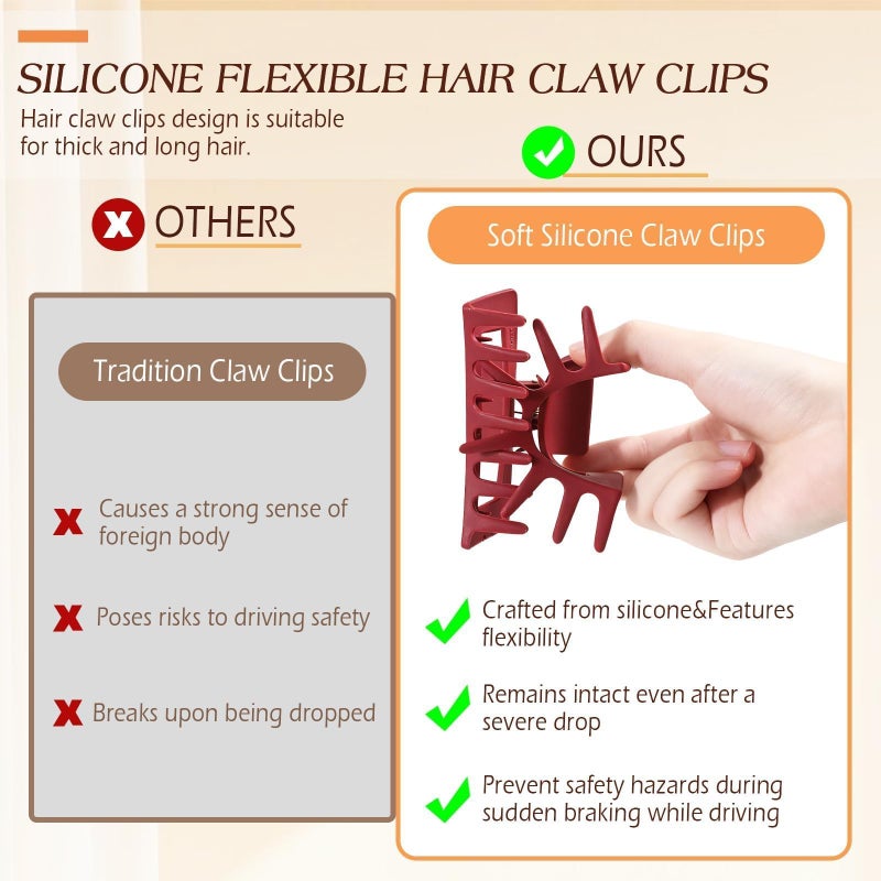 Glaudmeiss 4 PCS Silicone Flexible Hair Claw Clips for Women, Cloud Soft Clips, Hair Claw Clips for Hat, Jumbo Claws clips for Thick Hair, Unsnappable Non-slip Rectangle Hair Clips - Image 5