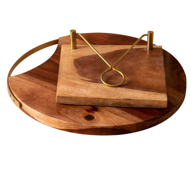 SHEESHAM WOOD NAPKIN HOLDER AND SERVING PLATTER WITH GOLDEN HANDLE FOR DIWALI OR DEEPAWALI GIFTS DINING TABLE BROWN PACK OF 2