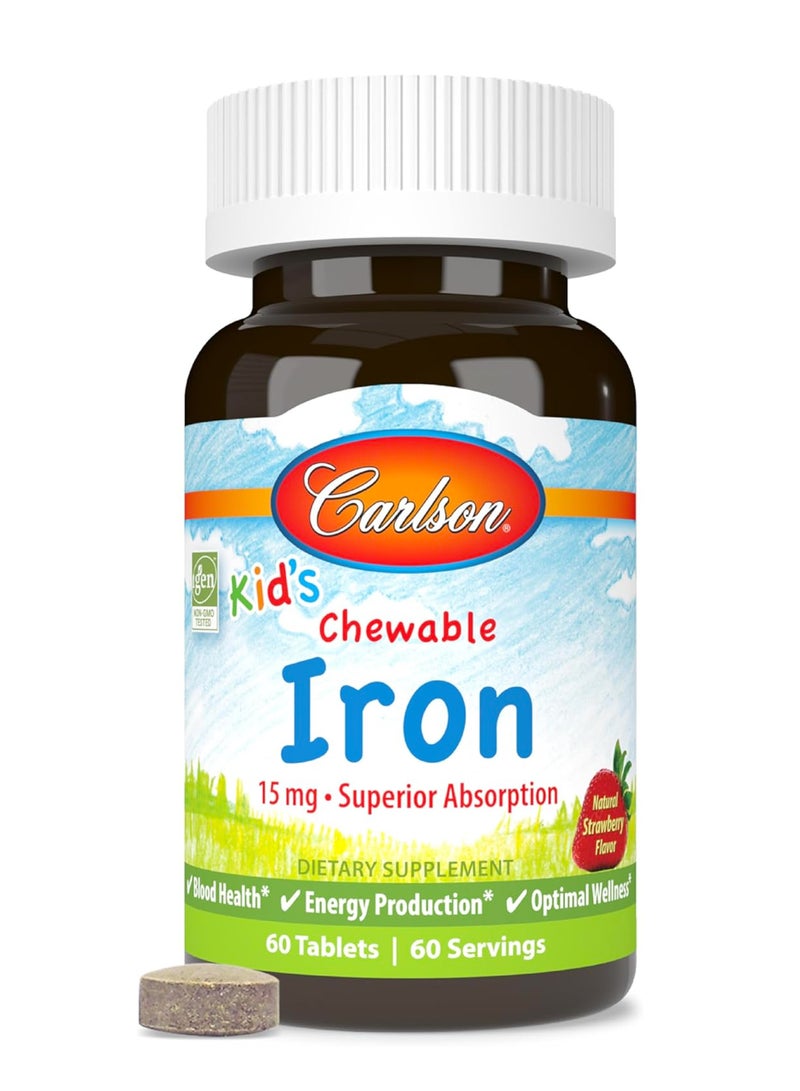 كارلسون حديد للأطفال قابل للمضغ، بنكهة الفراولة الطبيعية، 15 ملغ، 60 قرصًا - Image 1
