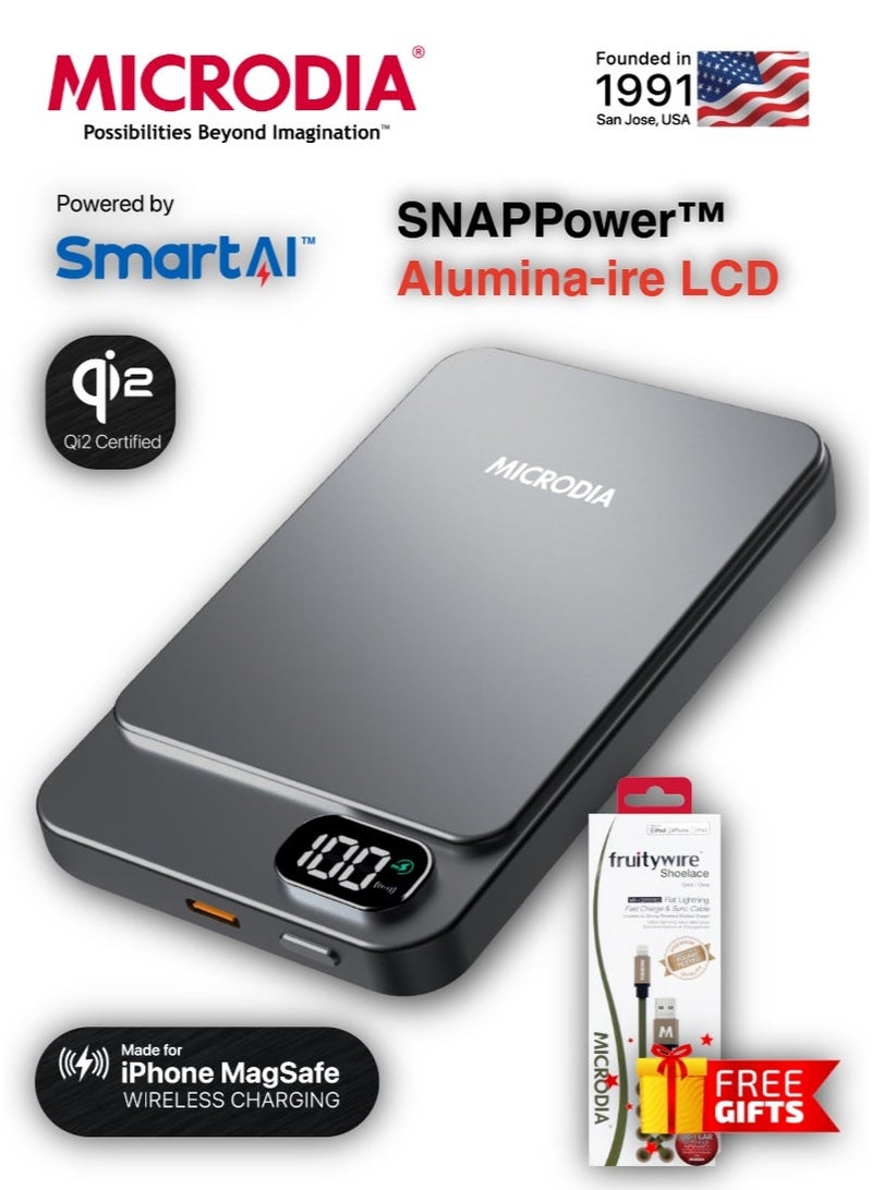 MICRODIA SNAPPower Aluminaire 5000mAh Magnetic Power Bank, 35W PD Fast Charging with LCD Display, MagSafe Wireless Charger for iPhone 15/14/13/12, Samsung S25 Ultra, etc – Charcoal - Image 1