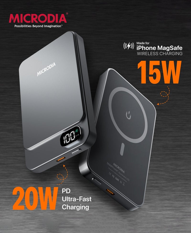 MICRODIA SNAPPower Aluminaire 5000mAh Magnetic Power Bank, 35W PD Fast Charging with LCD Display, MagSafe Wireless Charger for iPhone 15/14/13/12, Samsung S25 Ultra, etc – Charcoal - Image 4