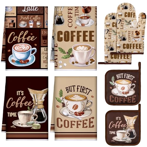 Fourluoo 8 Pcs Coffee Kitchen Towels and Dishcloths Sets Oven Mitts and Pot Holders Sets Absorbent Kitchen Gloves Potholders Heat Resistant for Chef Baking Cooking - Image 1