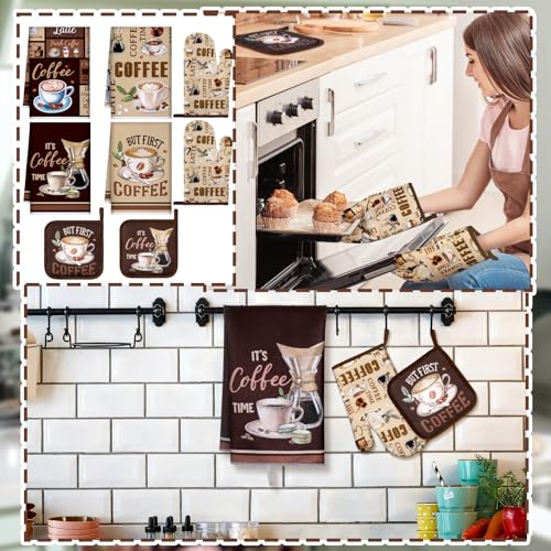 Fourluoo 8 Pcs Coffee Kitchen Towels and Dishcloths Sets Oven Mitts and Pot Holders Sets Absorbent Kitchen Gloves Potholders Heat Resistant for Chef Baking Cooking - Image 3