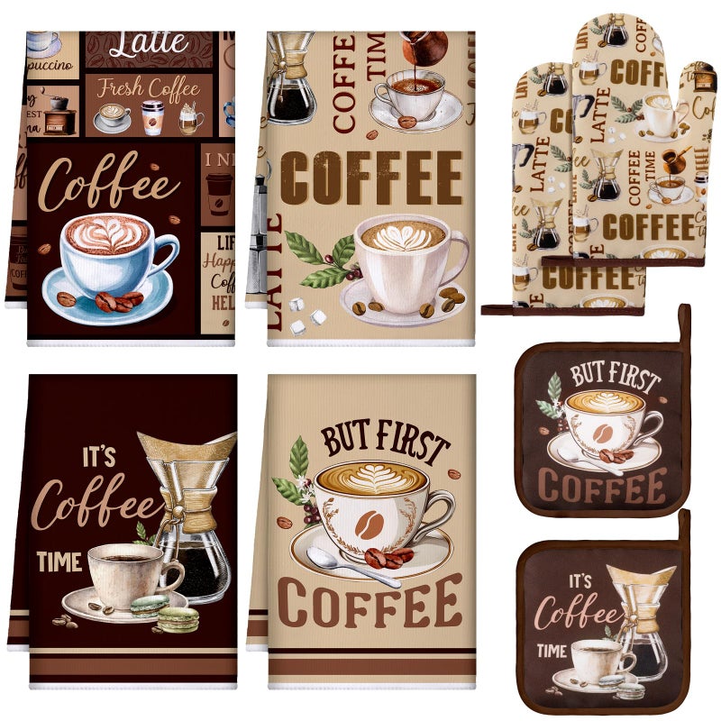 Fourluoo 8 Pcs Coffee Kitchen Towels and Dishcloths Sets Oven Mitts and Pot Holders Sets Absorbent Kitchen Gloves Potholders Heat Resistant for Chef Baking Cooking - Image 2