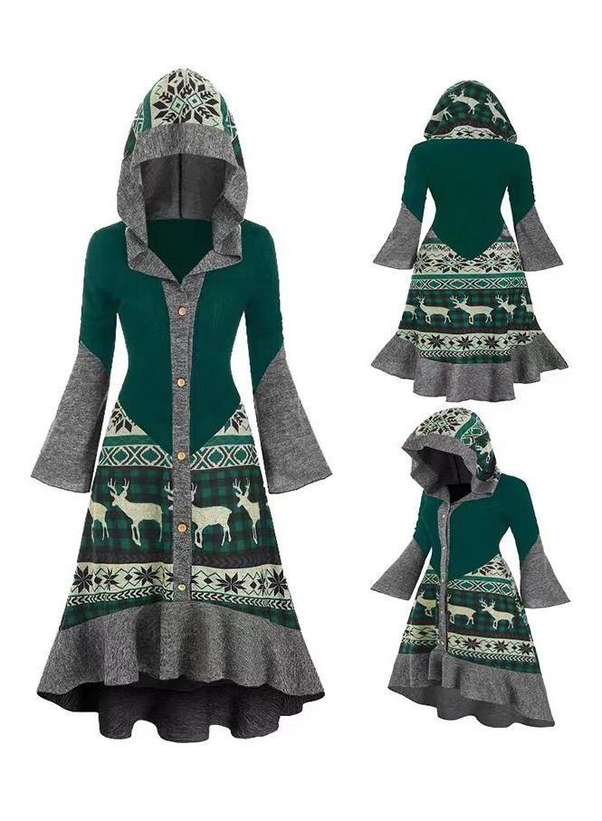 Loquat Printed Lotus Leaf Pendulum, Long Sleeve Hooded Dress 