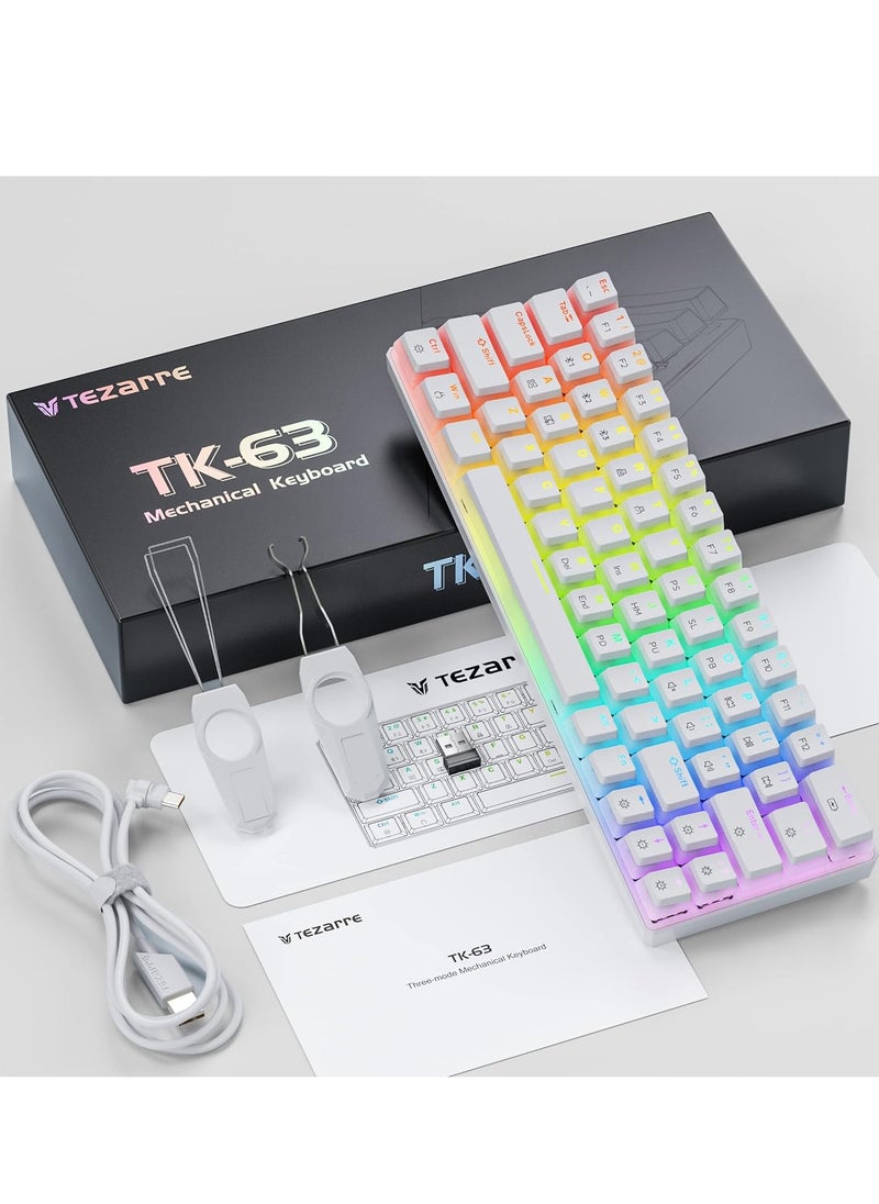 Tezarre - TK63 3 Mode Wireless, Bluetooth, Wired RGB Keyboard - Hot Swappable Optical Gateron Red Switch - Pudding Keycaps (White) - Image 1
