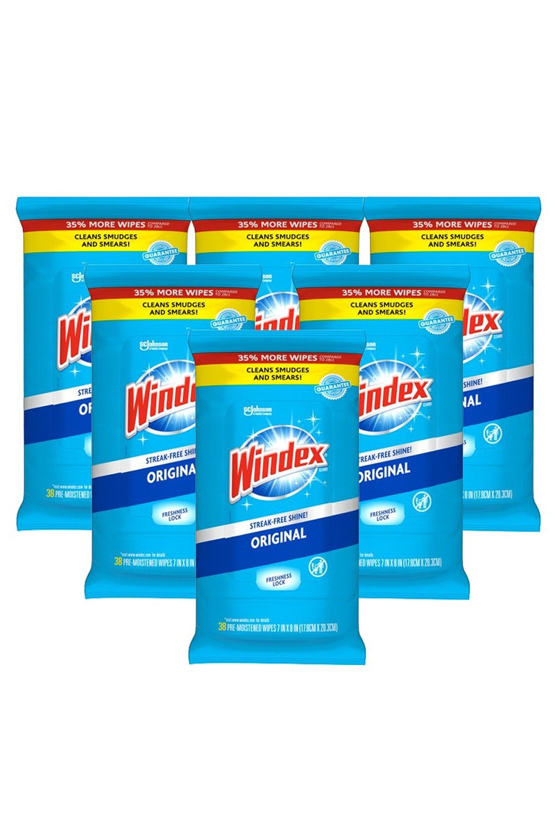 Windex Glass Cleaning Wipes, Pre-Moistened Glass and Surface Wipes to Clean Home Surfaces, Household Essentials, Original Scent, 38 Count (Pack of 6) - Image 1