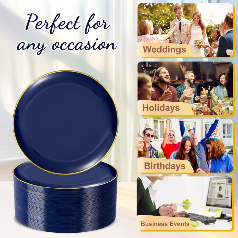 Festiva 200Pcs Navy Blue Gold Dessert Plates 6.3" with Plastic Forks 5"- Small Disposable Plates- Dessert/Cake/Appetizer Plastic Plates include 100Plates 100Forks for Birthday Party & Ramadan - Image 4