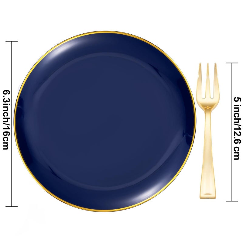 Festiva 200Pcs Navy Blue Gold Dessert Plates 6.3" with Plastic Forks 5"- Small Disposable Plates- Dessert/Cake/Appetizer Plastic Plates include 100Plates 100Forks for Birthday Party & Ramadan - Image 2